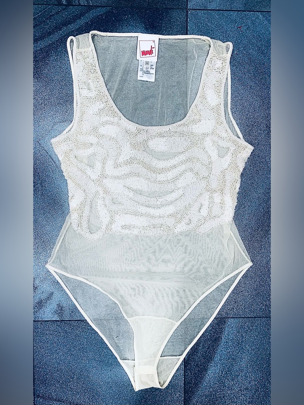 Vintage Mondi Beaded Cream Bodice Sheer Back Bodysuit Size 42 (L)